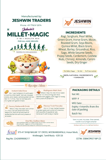 Jeshwin's Millet-Magic back-of-pack label with ingredients, recipe ideas and packaging details