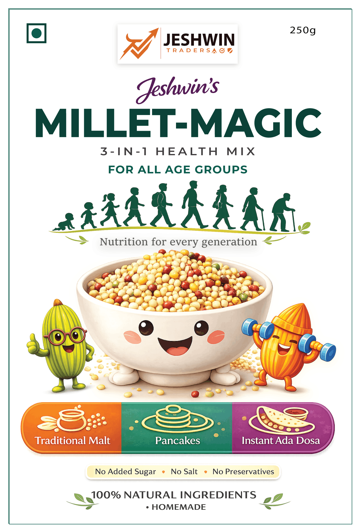 Jeshwin's Millet-Magic 3-in-1 health mix — front pack design